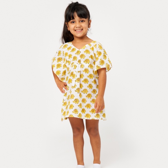 Girls Cotton Kaftan Dress | Hand Block Print | 18M–6Y | Organic 100% Cotton - Picture 1 of 3